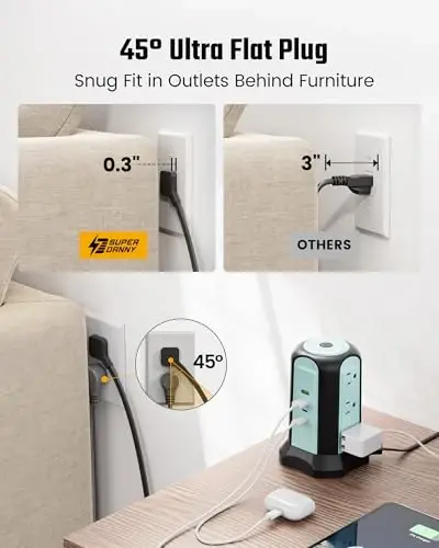 15 Ft Uzunlikdagi Uzatma Simi Elektr Tasmali Minora Aşırı Gerilim Koruyucusu, Bir Necə Rozetkali Stol Üstü Şarj Stansiyasi, 9 Rozetka, 4 USB (2 USB-C), 1080J Çoxsaylı Qoruma Rozetka Uzadıcı Ev Ofisi üçün Mavi - 4