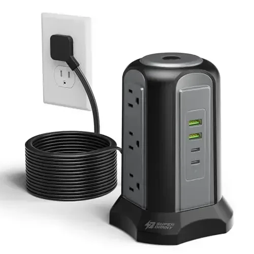 15 fut uzunlikdagi uzaytirgich elektr uzatish minorasi himoya qurilmasi, bir nechta rozetkali stol usti zaryadlash stantsiyasi, 9 rozetka, 4 USB (2 USB-C), 1080J, uy, ofis, yotoqxona uchun bir nechta himoya rozetka uzaytirgichi 