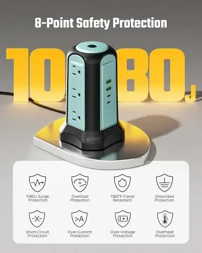 15 футов Удлинитель Сетевой фильтр Башня Защита от перенапряжения, Настольная зарядная станция с несколькими розетками, 9 розеток, 4 USB (2 USB-C), 1080 Дж Множественная защита Удлинитель розетки для дома офиса Синий - 3
