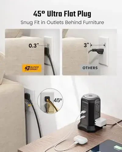 15-футовый удлинитель, сетевой фильтр в виде башни, защита от перенапряжения, настольная зарядная станция с несколькими розетками, 9 розеток, 4 USB (2 USB-C), 1080 Дж, несколько защитных устройств для дома, офиса, общежития - 5