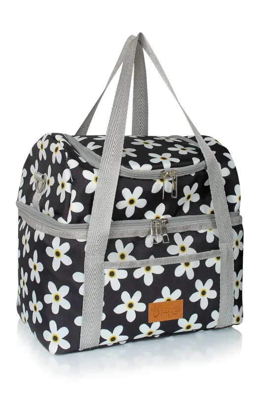 15 L Food Carrier Bag Hot and Cold Thermal Thermos Lunch Carrier Bag Camping Picnic Bag-Black Daisy - 1