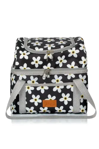 15 L Food Carrier Bag Hot and Cold Thermal Thermos Lunch Carrier Bag Camping Picnic Bag-Black Daisy - 4