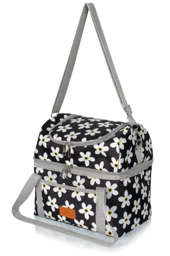 15 L Food Carrier Bag Hot and Cold Thermal Thermos Lunch Carrier Bag Camping Picnic Bag-Black Daisy - 5
