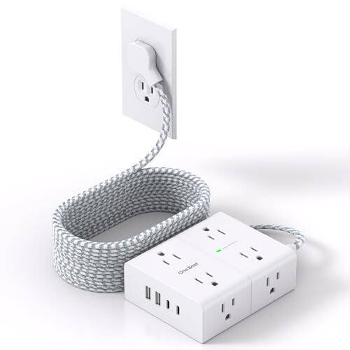 15 Metre Kablolu, 8 Priz ve 4 USB Portlu (2 USB C), Ultra İnce Düz Uzatma Kablosu, Düz Fişli Priz, Ev, Ofis ve Yurt Odası İhtiyaçları İçin 15 Metre Uzunluğunda Örgülü Güç Kablosu - 1