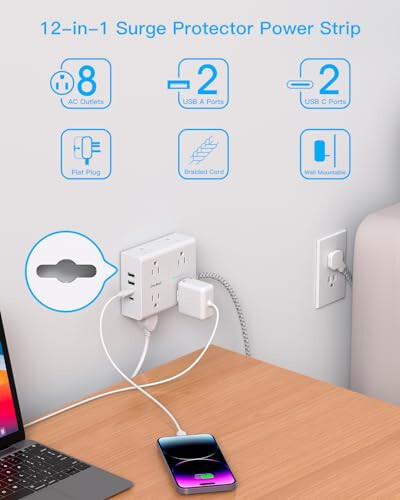 15 Metre Kablolu, 8 Priz ve 4 USB Portlu (2 USB C), Ultra İnce Düz Uzatma Kablosu, Düz Fişli Priz, Ev, Ofis ve Yurt Odası İhtiyaçları İçin 15 Metre Uzunluğunda Örgülü Güç Kablosu - 5