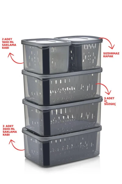 15 Parça Fresh Antrasit Süzgeçli Buzdolabı Saklama Seti - 3