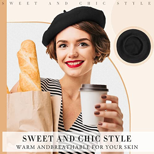 15 Pieces Women Wool Beret Hat Wool French Beret Hat Artist Beret Cap Winter Solid Color Hat for Women Girls (Black) - 4