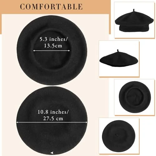 15 Pieces Women Wool Beret Hat Wool French Beret Hat Artist Beret Cap Winter Solid Color Hat for Women Girls (Black) - 6