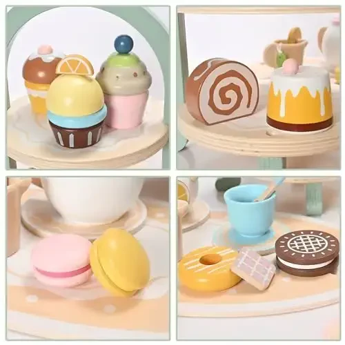 MONT PLEASANT 23pcs Wooden Tea Set for Little Girls, Toddler Tea Set Wooden Toys Play Kitchen Accessories with Cupcake Stand and Tray, Kids Tea Party Set Pretend Play Food Birthday Gift Playset - 4