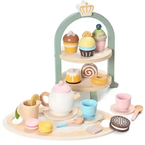 MONT PLEASANT 23pcs Wooden Tea Set for Little Girls, Toddler Tea Set Wooden Toys Play Kitchen Accessories with Cupcake Stand and Tray, Kids Tea Party Set Pretend Play Food Birthday Gift Playset - 6