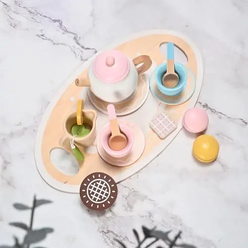 MONT PLEASANT 23pcs Wooden Tea Set for Little Girls, Toddler Tea Set Wooden Toys Play Kitchen Accessories with Cupcake Stand and Tray, Kids Tea Party Set Pretend Play Food Birthday Gift Playset - 3