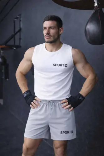 2 li takım dynamic set erkek gri sort ve siyah atlet spor takım yazlık rahat alt üst - Gri-beyaz 