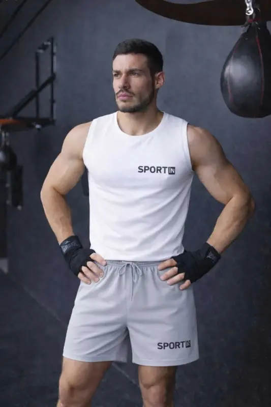 2 li takım dynamic set erkek gri sort ve siyah atlet spor takım yazlık rahat alt üst - Gri-beyaz - 1