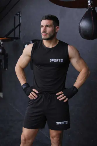 2 li takım dynamic set erkek sort ve atlet spor takım yazlık rahat alt üst - siyah-siyah 