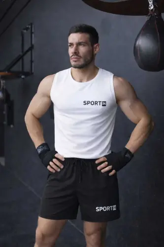 2 li takım dynamic set erkek siyah sort ve beyaz atlet spor takım yazlık rahat alt üst - beyaz-siyah 