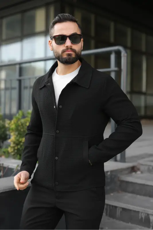 Çıtçıtlı Dokulu Gofre Astarlı Ceket - Siyah Gofre - 3