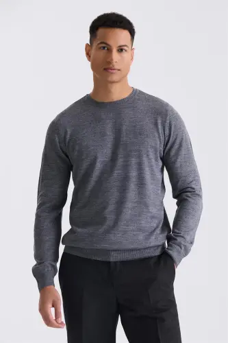 Gri Regular Fit Bisiklet Yaka Triko Kazak 