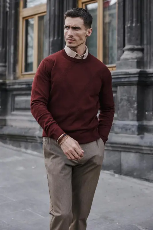 Kiremit Slim Fit Desenli Bisiklet Yaka Triko - 3