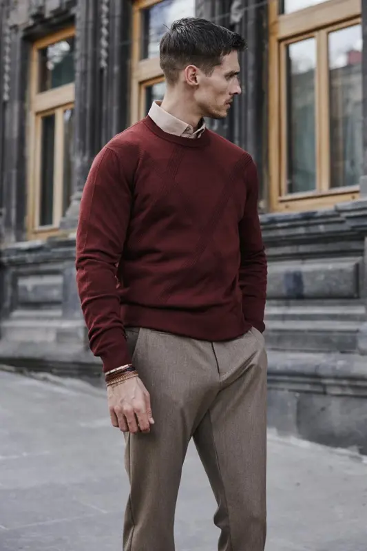 Kiremit Slim Fit Desenli Bisiklet Yaka Triko - 7
