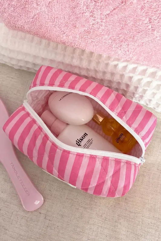 Pembe Çizgili Makyaj Çantası - Pembe26 - 2