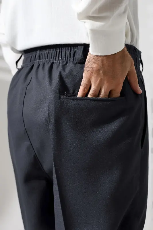 Erkek Beli Lastikli Cepli Kışlık Yün Efektli Kumaş Şalvar Pantolon - Antrasit (İSR) - Antrasit - 6