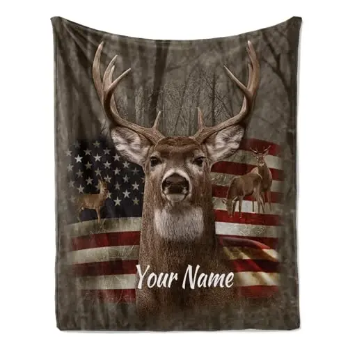 Jekeno Personalized Deer Gifts for Women Men, American Flag Blanket Print, Custom Blanket with Name Flannel Blankets Customized Throw Blankets 60