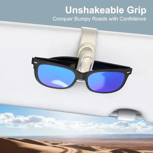Veharvim Sunglass Holder for Car (2 Pack, One-Handed Operation, Gentle & Secure Hold, Silicone Padded, Universal Fits Sunglass and Car Visor) - Sunglasses Clip for Car Visor (Beige, 2 Pack) - 1