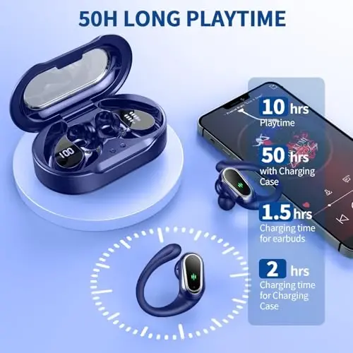 Wireless Earbuds, 2026 Bluetooth 5.4 Headphones Sport, 50Hrs HiFi Stereo Deep Bass Over-Ear buds with ENC Noise Cancelling Mic, IP7 Waterproof & LED Display Earphones with Earhooks for Workout/Running - 5