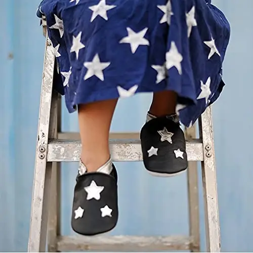 Mejale Baby Shoes Soft Sole Leather Crawling Moccasins Cartoon Stars Infant Toddler First Walker Slippers - 1