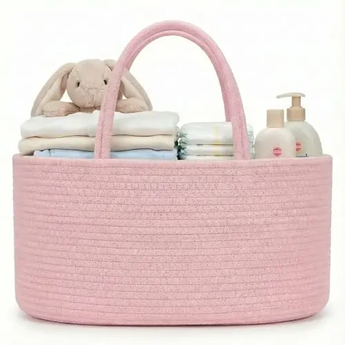luxury little Diaper Caddy Organizer, Large Cotton Rope Nursery Baby Basket, Changing Table Organizer for Baby Diaper Storage, Portable Car Organizer Removable Divider (Light Pink, Large) - 1
