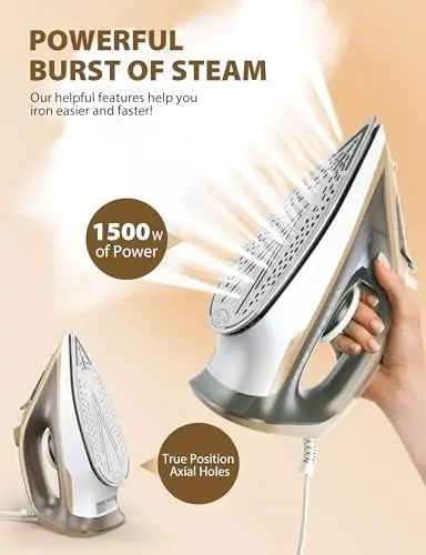 1500W Steam Iron for Clothes with 11.84oz Water Tank, 15-Second Fast Heat-Up, Ceramic Soleplate, Anti-Drip & Auto-Off, Burst of Steam & Self-Cleaning - SUNDU (1)