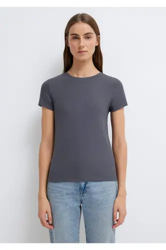 Antrasit (TENCEL™) Modal Karışımlı Basic Tişört Slim Fit / Dar Kesim 1612904-83620 - Gri - 3