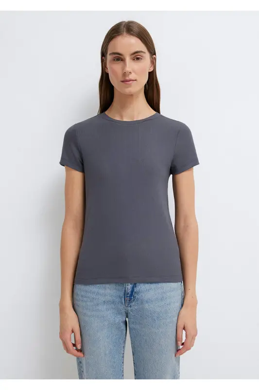 Antrasit (TENCEL™) Modal Karışımlı Basic Tişört Slim Fit / Dar Kesim 1612904-83620 - Gri - 3