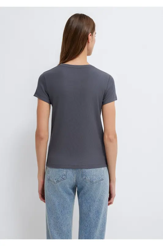 Antrasit (TENCEL™) Modal Karışımlı Basic Tişört Slim Fit / Dar Kesim 1612904-83620 - Gri - 5