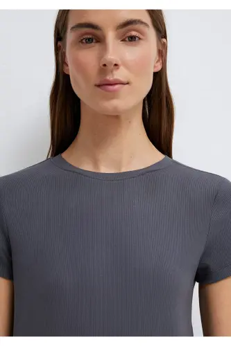Antrasit (TENCEL™) Modal Karışımlı Basic Tişört Slim Fit / Dar Kesim 1612904-83620 - Gri - 6