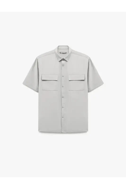 Düğmeli Klasik Yaka Kapaklı Cep Detaylı Rayon Regular Fit Viskon Kısa Kollu Gömlek - Gri - 3