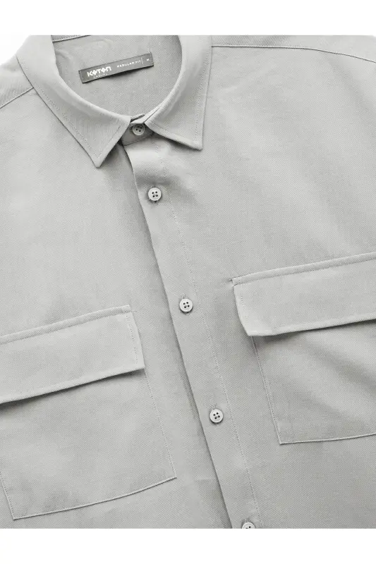 Düğmeli Klasik Yaka Kapaklı Cep Detaylı Rayon Regular Fit Viskon Kısa Kollu Gömlek - Gri - 5