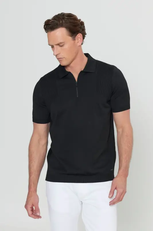 Standart Fit Normal Kesim Polo Yaka Jakarlı Triko Tişört - Siyah - 8