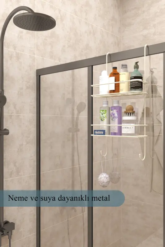 Asılabilir Lüks Banyo Rafı Kancalı Şampuanlık Paslanmaz Duşakabin Rafı DelmedenAsılırDuşRafı BEJ - BEJ - 3