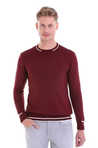 Bordo Comfort Fit Desenli Bisiklet Yaka Yünlü Yün Kazak - A.Bordo - 7