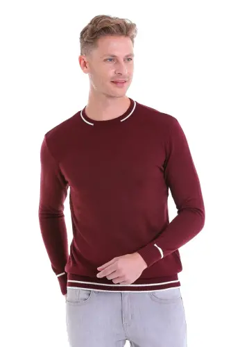 Bordo Comfort Fit Desenli Bisiklet Yaka Yünlü Yün Kazak - A.Bordo - 8
