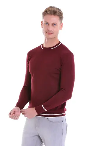 Bordo Comfort Fit Desenli Bisiklet Yaka Yünlü Yün Kazak - A.Bordo - 9