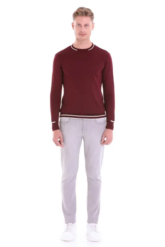 Bordo Comfort Fit Desenli Bisiklet Yaka Yünlü Yün Kazak - A.Bordo - 10