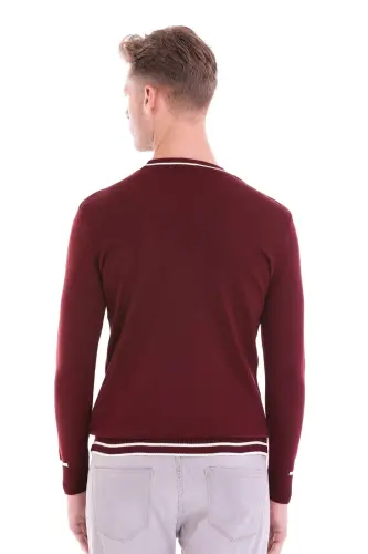 Bordo Comfort Fit Desenli Bisiklet Yaka Yünlü Yün Kazak - A.Bordo - 12