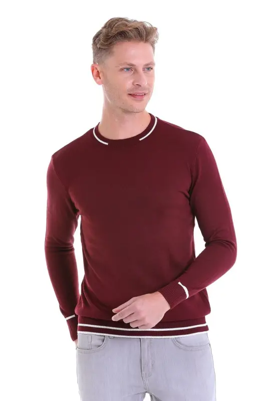 Bordo Comfort Fit Desenli Bisiklet Yaka Yünlü Yün Kazak - A.Bordo - 2