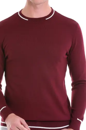 Bordo Comfort Fit Desenli Bisiklet Yaka Yünlü Yün Kazak - A.Bordo - 5
