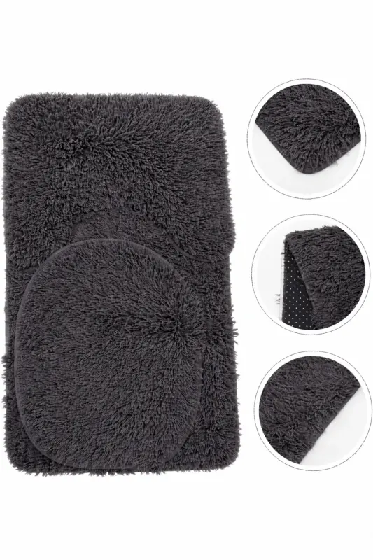Peluş Kaymaz Yıkanabilir Banyo Paspası Klozet Takımı 3'Lü 50x80/50x60/40x45(klozt kapağı) - Antrasit - 6