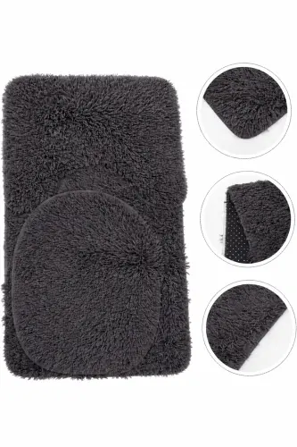 Peluş Kaymaz Yıkanabilir Banyo Paspası Klozet Takımı 3'Lü 50x80/50x60/40x45(klozt kapağı) - Antrasit - SARAR (1)