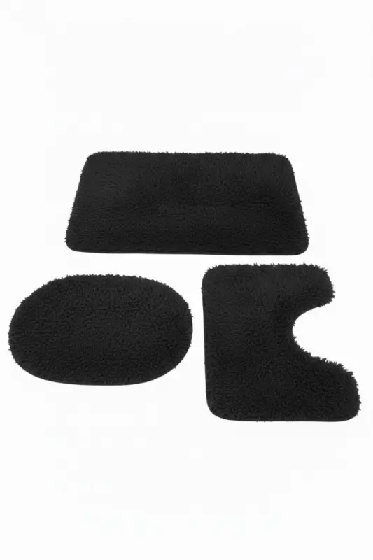 Peluş Kaymaz Yıkanabilir Banyo Paspası Klozet Takımı 3'Lü 50x80/50x60/40x45(klozt kapağı) - Siyah - 1