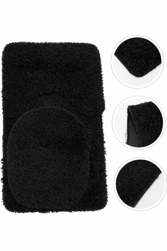 Peluş Kaymaz Yıkanabilir Banyo Paspası Klozet Takımı 3'Lü 50x80/50x60/40x45(klozt kapağı) - Siyah - 2